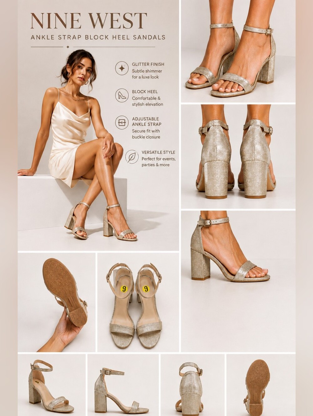 Nine West Metallic Champagne Glitter Ankle-Strap Block Heel Sandals